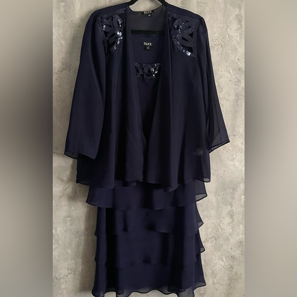 SL Fashions NY Dark Blue Embellished, Tiered 2PC Jacket Dress Sz 16 - Picture 11 of 11